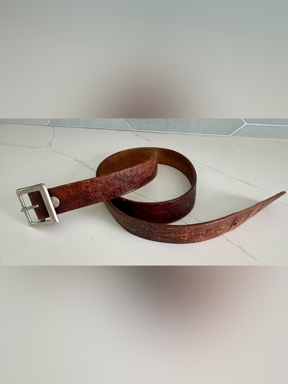Vintage Tooled Full-Grain Leather Cowboy Belt, Distressed Brown w/Silver Buckle